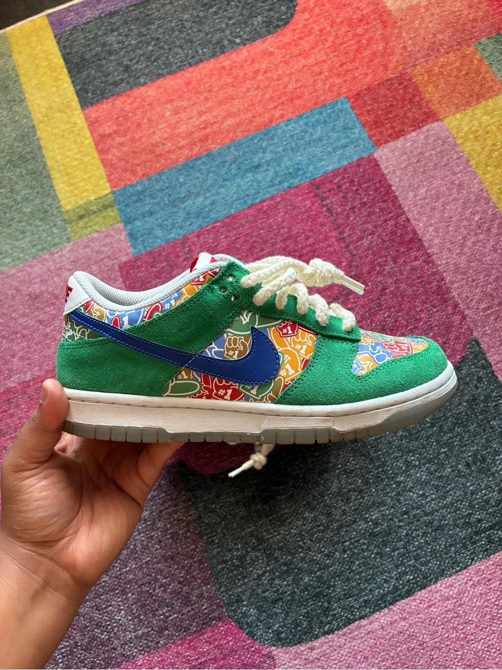 Nike Kids Green Suede Sneakers with Blue Swoosh and Colorful Panels 5Y | 6.5W